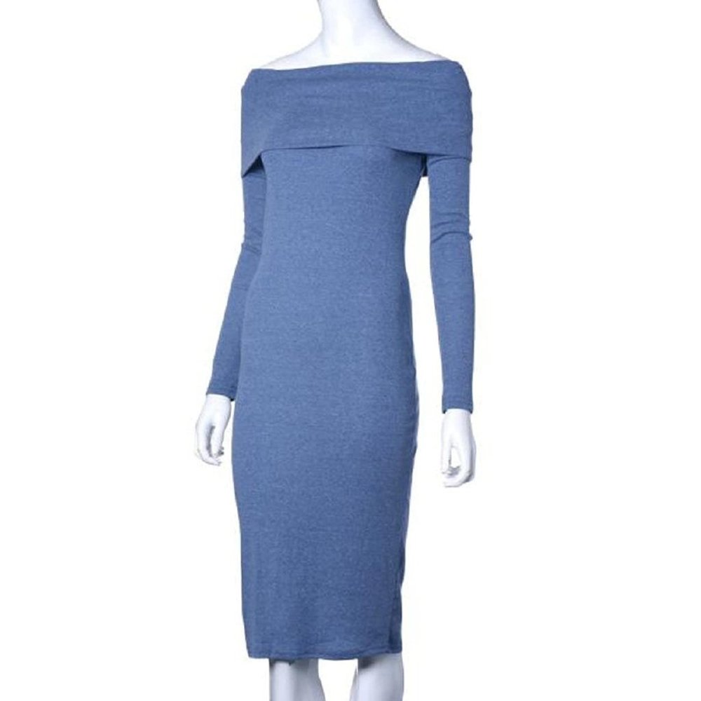 Periwinkle Slate Blue Off Shoulder Cowl Neck Bodycon Midi Winter Dress | Size S